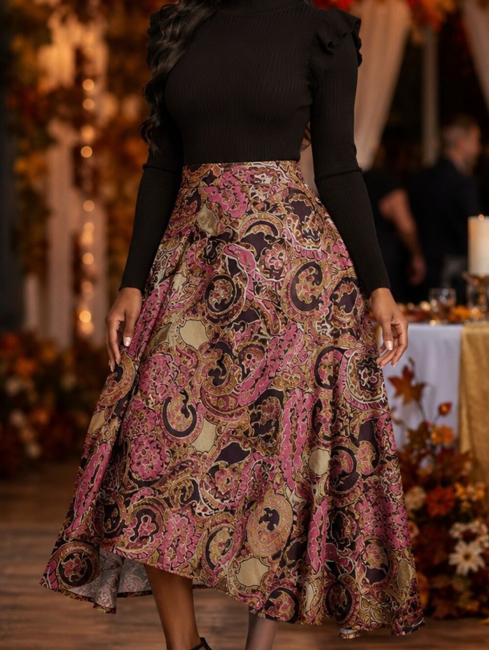 Pink Paisley Tiered Maxi Skirt with Tie Waist